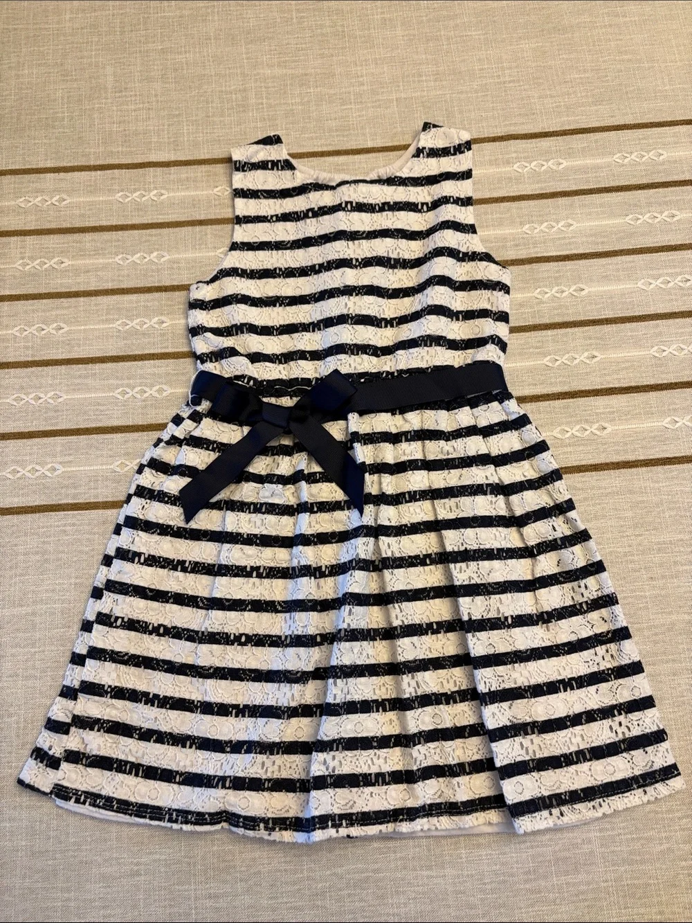 Maison Jules Navy and White Striped Lace Bow Dress